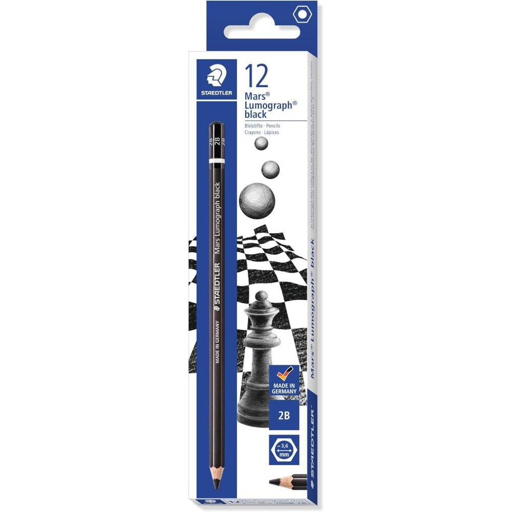 Staedtler Mars Lumograph Black Art Pencils, Presharpened #2B Artist Pencils, Box of 12, 100B-2B(2BBlack)