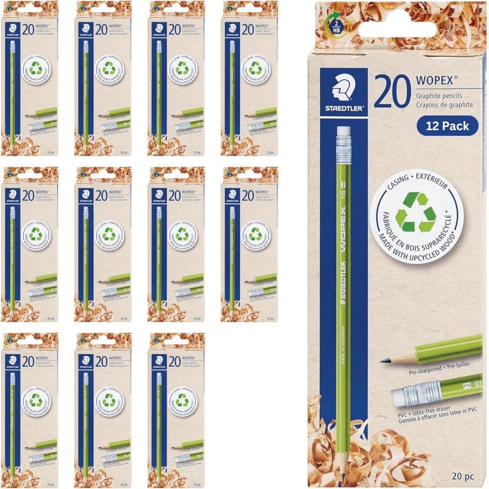 STAEDTLER WOPEX Pre-Sharpened #2 Pencils, Pack of 20 – Ergonomic Triangular Shape, Break-Resistant, Non-Slip Surface, Wood-Polymer, PVC-Free Eraser Tip(12 Pack)