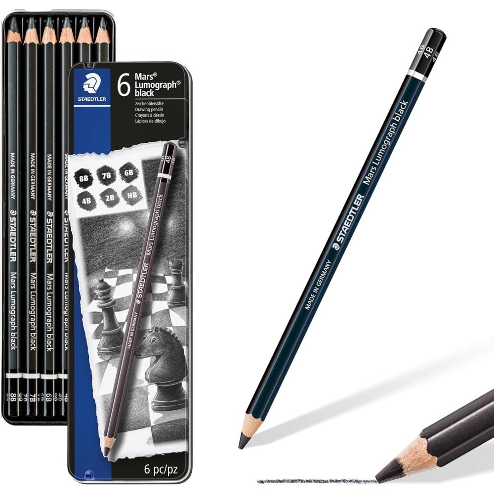 STAEDTLER Mars Lumograph Black Drawing Pencils Set: 6 Pack – Carbon Blend for Deep Black Tones, Professional Artists Pencils, 8B–HB Grades, Storage Tin, For Sketching, Shading & Fine Art Drawing