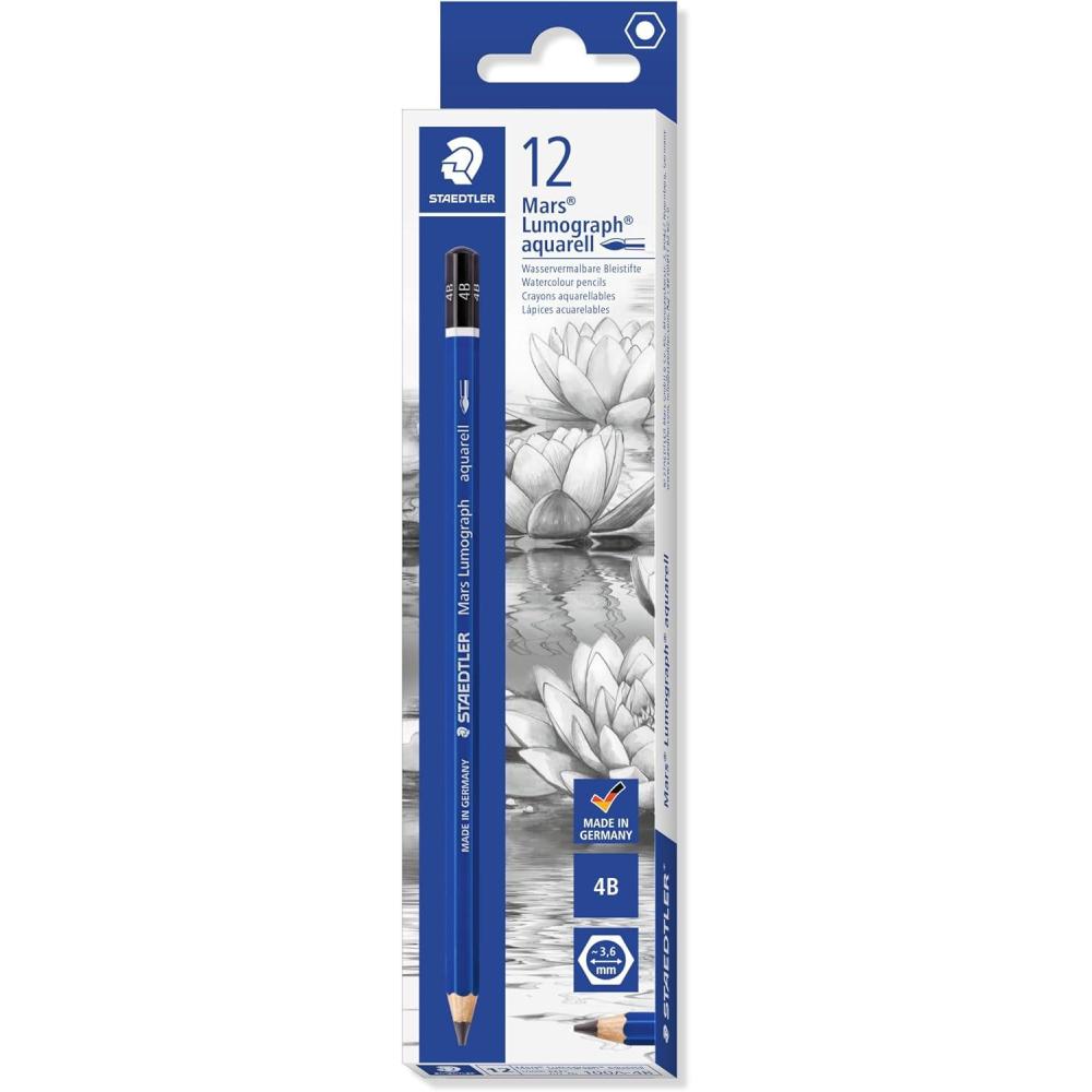 STAEDTLER Mars Lumograph Graphite Watercolor Pencils, Box of 12 4B Lead Pencils, 100A-4B(4B)