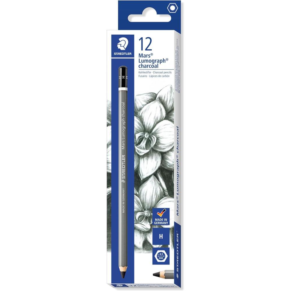 Staedtler Mars Lumograph Charcoal Pencils For Drawing, Pre-Sharpened, Box of 12, Hard Lead, 100C-H(Grade H)