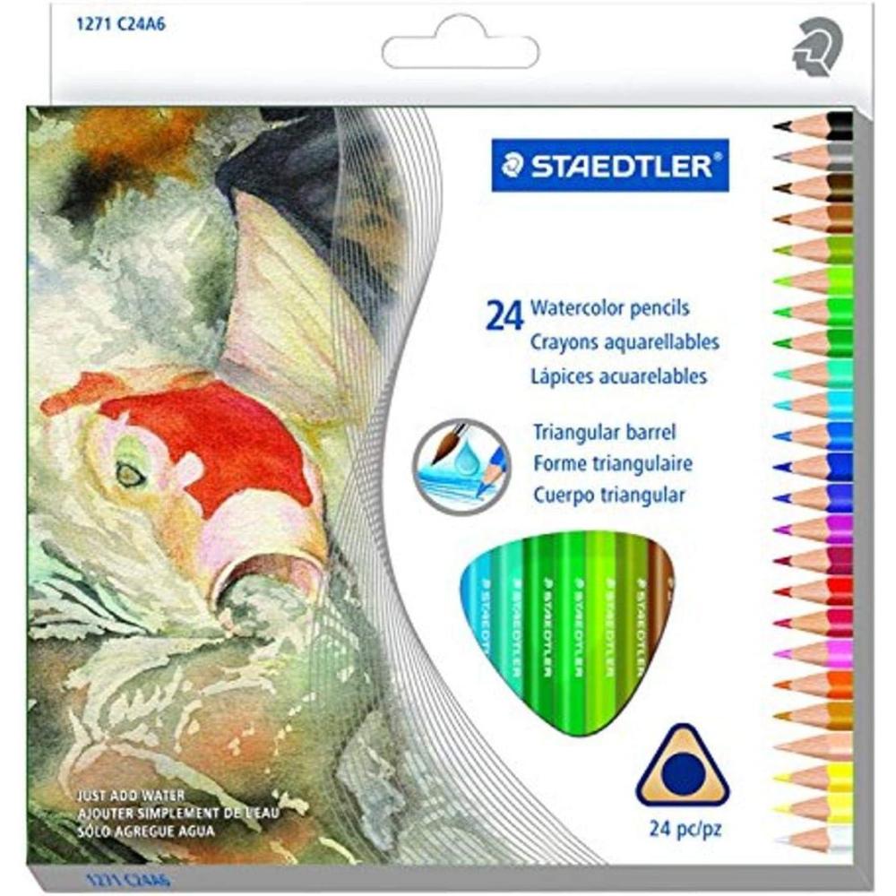 STAEDTLER Presharpened Watercolor Pencils, Ergonomic Art Set, Box of 12 Triangular Colored Pencils(24 Count (Pack of 1))
