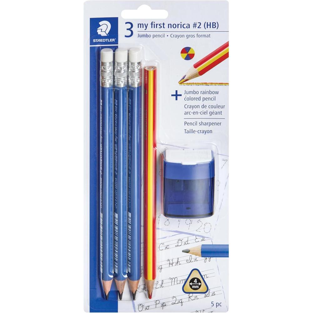 STAEDTLER My First Norica Triangular Learner’s Pencil + Sharpener, #2 HB, Easy-Grip 3-Sided Design for Beginning Writers, Pre-Sharpened Pencils