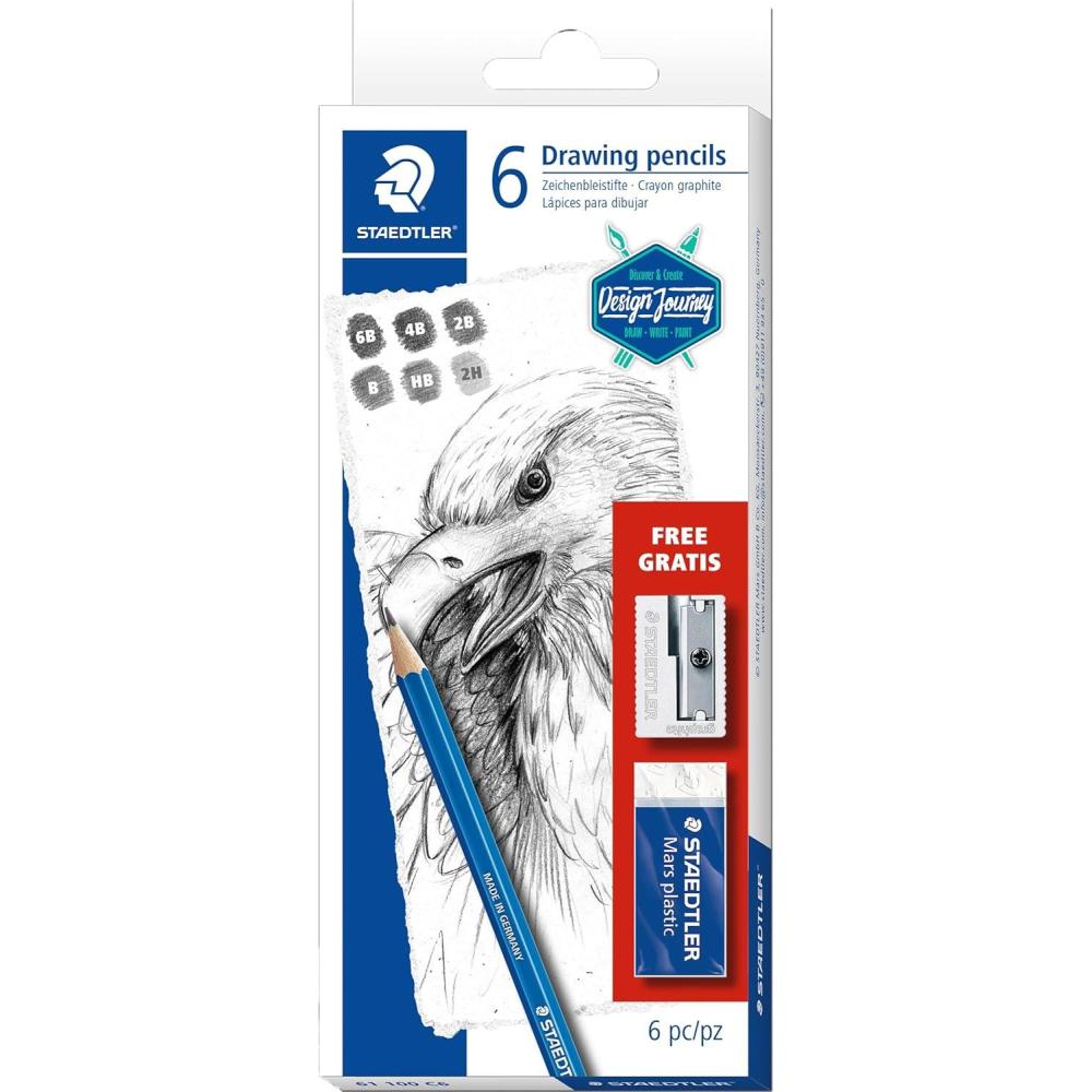 Staedtler Mars Lumograph Art Set | 6 Assorted Sketch Pencils For Drawing, Polymer Block Eraser and Metal Sharpener 61 100C8LU
