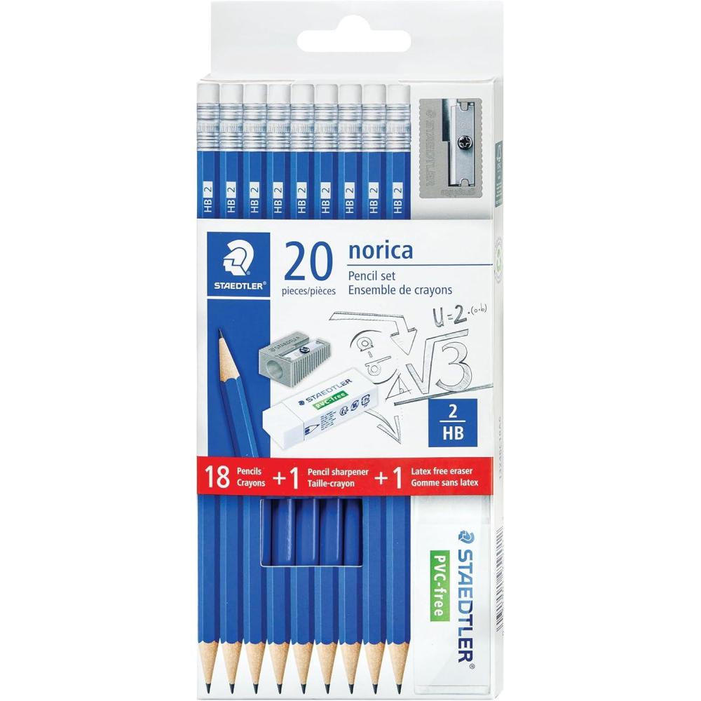 STAEDTLER Norica #2 HB Wood-Cased Pencil Set: 18 Pre-Sharpened Graphite Pencils with 1 Eraser & 1 Sharpener, Break-Resistant Lead, For Writing & Drawing, Blue, Ideal for Classroom, Home & Office(1 Count (Pack of 20))