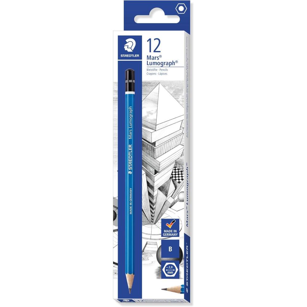 Staedtler Mars Lumograph B Graphite Art Drawing Pencil, Very Hard, Break-Resistant Bonded Lead, 12 Pack, 100-B(Grey)