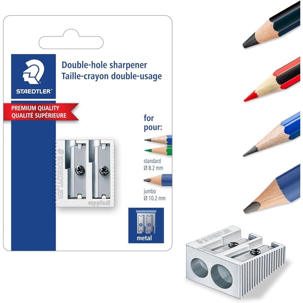 STAEDTLER Metal Double-Hole Pencil Sharpener – Precision 23° & 30° Angles for Standard & Colored Pencils – 3-Point Blade Design for Sharp Lines(1)