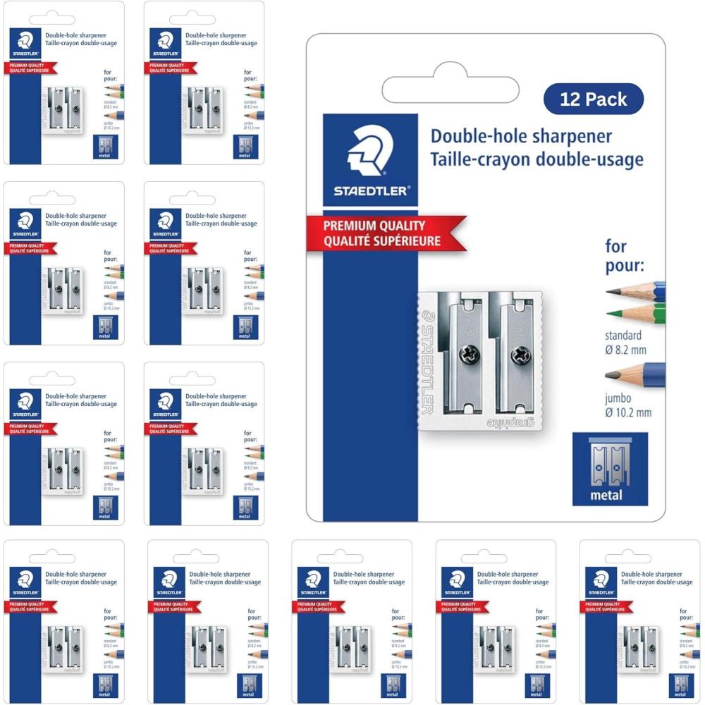 STAEDTLER Metal Double-Hole Pencil Sharpener – Precision 23° & 30° Angles for Standard & Colored Pencils – 3-Point Blade Design for Sharp Lines(12)