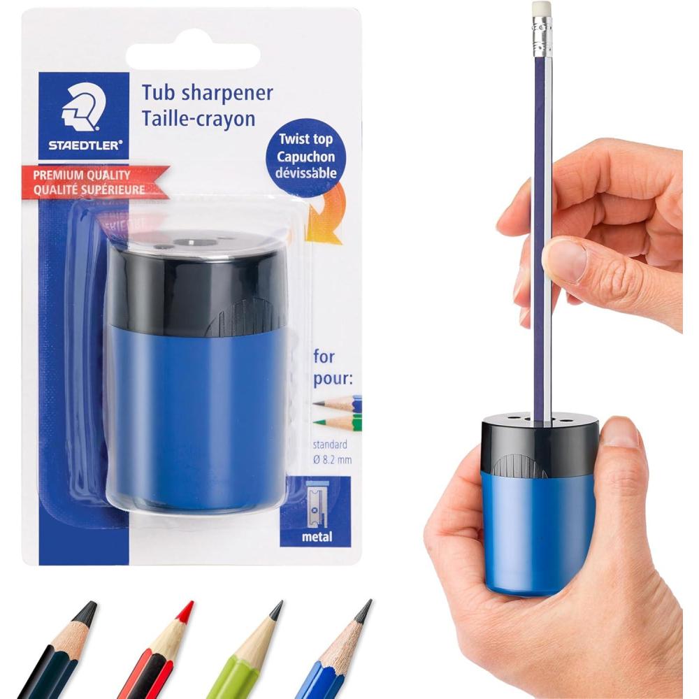 STAEDTLER Pencil Sharpener (1 Pack) with Screw Lid and Tub – No Spill Compact Design for Standard and Colored Pencils, Metal Blade, Assorted Colors