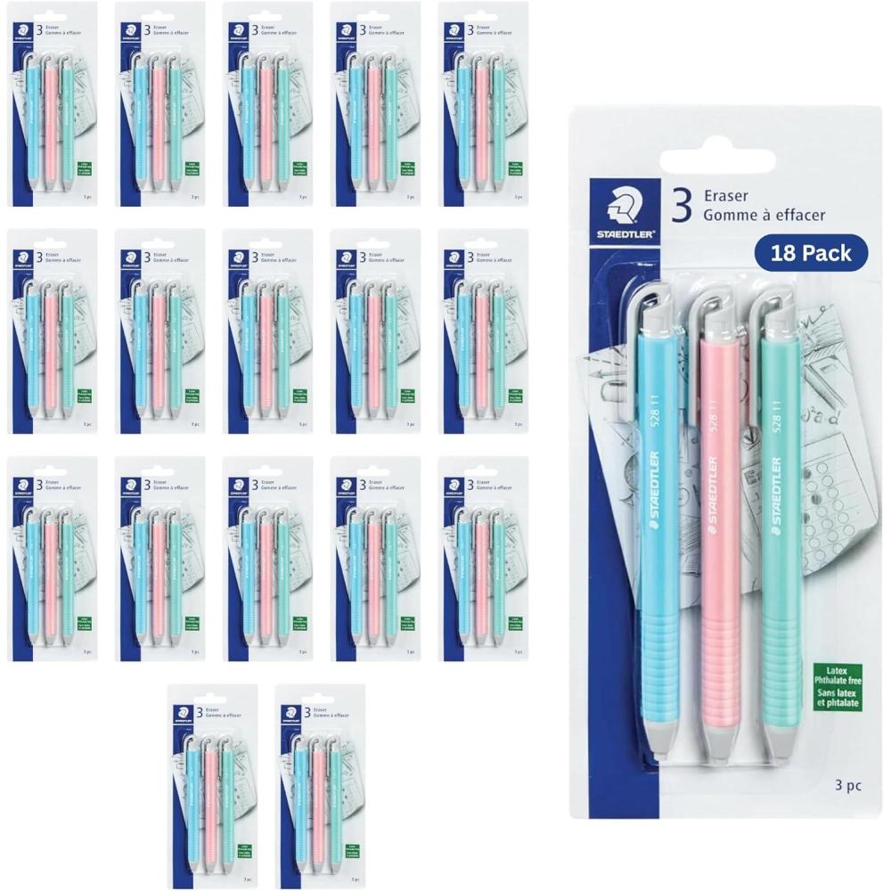 STAEDTLER Vinyl Eraser Holder (3-Pack): Retractable Erasers for Pencils, Soft Vinyl, Latex-Free, Clean Edges, No Smudges, Pastel Colors(54)