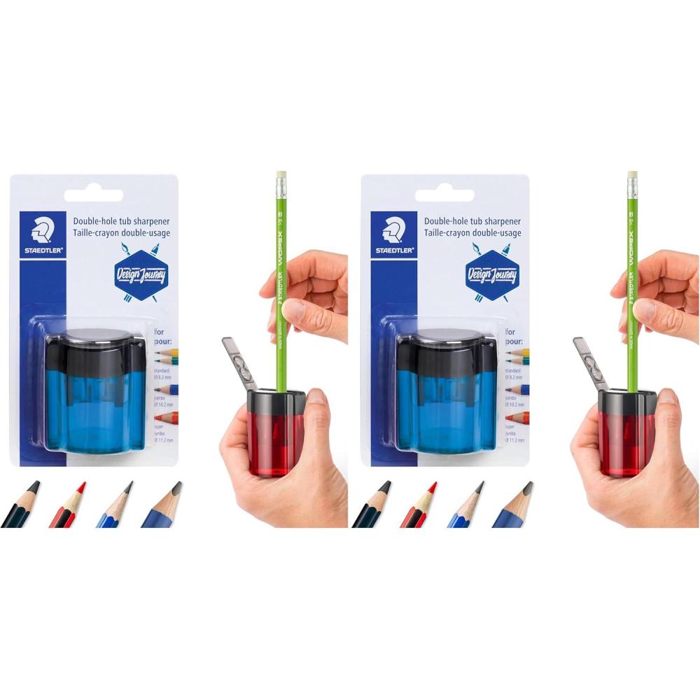 STAEDTLER Metal Double Hole Sharpener with Oval Tub – Manual Pencil Sharpener for Regular & Large Pencils, Makeup Pencils – 2 Sizes with Hinged Lid (Assorted Colors)(1 Count (Pack of 2))