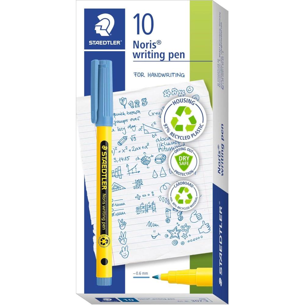 STAEDTLER Noris Writing Pen, 10ct, Fineliner 0.6mm Tip, Magenta, Water-based Ink, Dry Safe, For school or office note taking, hand writing, coloring, journaling, and scrapbooking(Delft Blue)