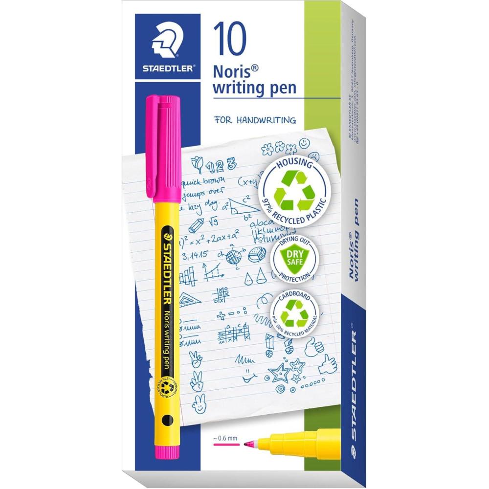 STAEDTLER Noris Writing Pen, 10ct, Fineliner 0.6mm Tip, Magenta, Water-based Ink, Dry Safe, For school or office note taking, hand writing, coloring, journaling, and scrapbooking(MAGENTA)