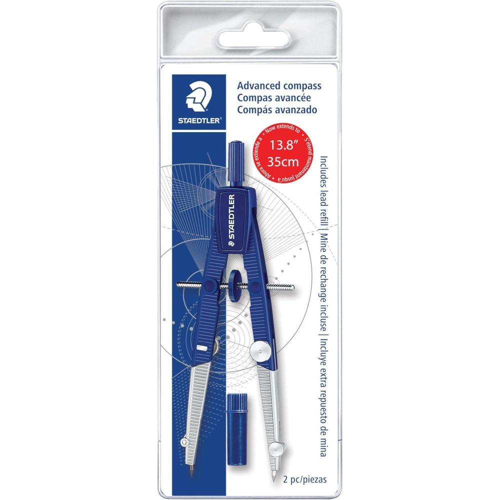 STAEDTLER Advanced Student Compass 2 Piece Set – Metal Compass with Quick-Set Center Wheel, Universal Adapter & Spare Lead, Draws Circles up to 10.25″(2 Piece Advanced Set (Pouch))