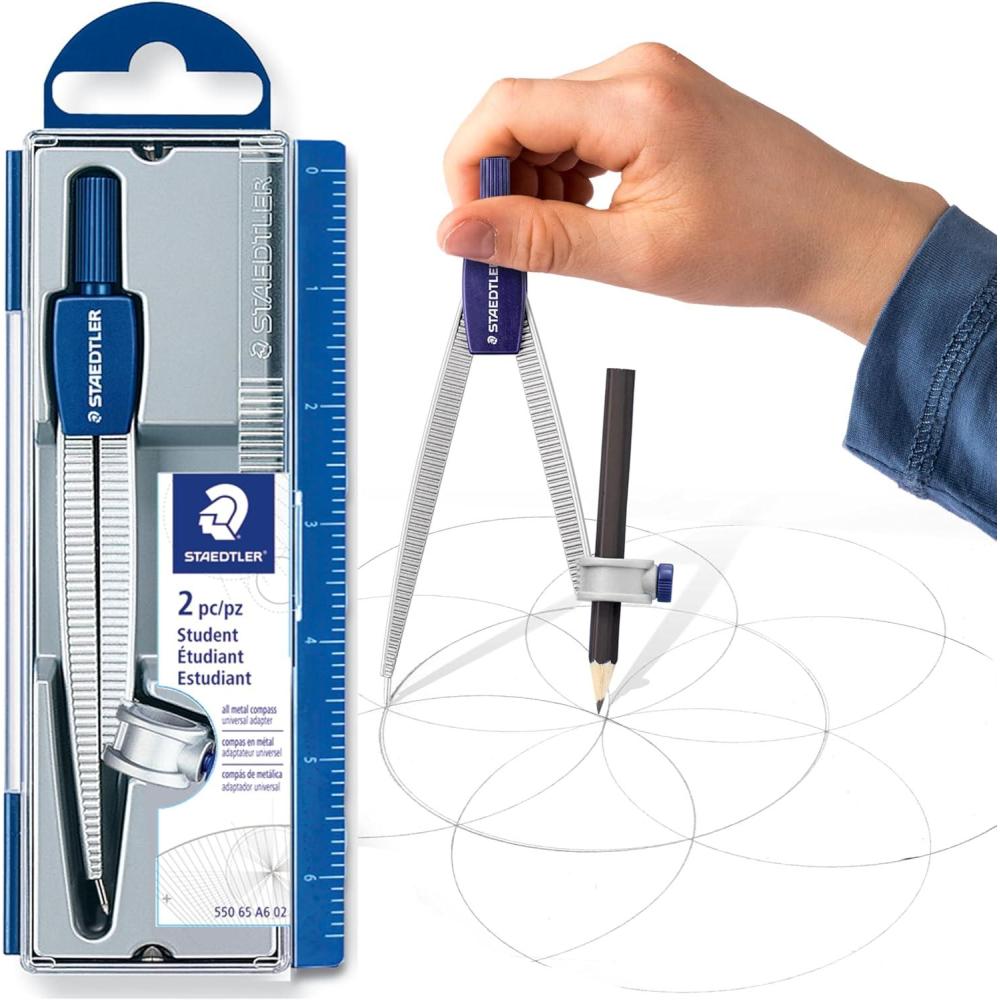 STAEDTLER Advanced Student Compass 2 Piece Set – Metal Compass with Quick-Set Center Wheel, Universal Adapter & Spare Lead, Draws Circles up to 10.25″(2 Piece Set (Plastic Case))
