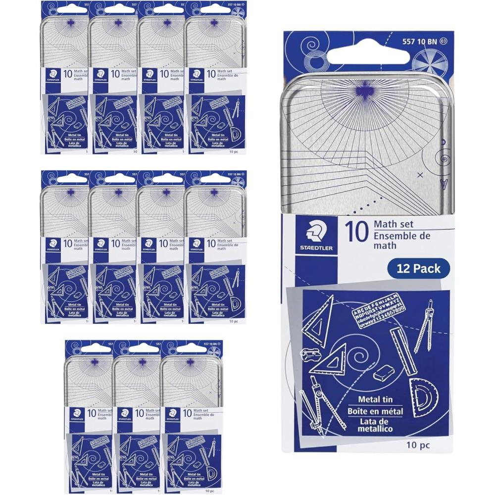 STAEDTLER School Kit Math Geometry Set – 10-Piece Compass, Protractor & Ruler Kit with Flip Open Storage Box – Clear Measuring Tools – Student Drawing Supplies(12 Pack – 10 Piece Set (Metal Tin))