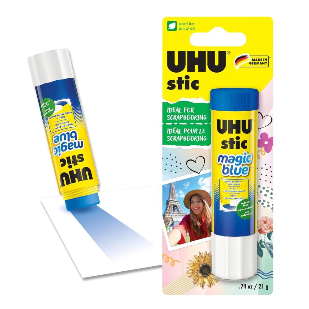 UHU Colored All Purpose Glue Stick 12-Pack Blue Applies & Dries Clear, 1.41oz – Non-Toxic, Washable. Permanent Strong Bond, Solvent-Free with Screw Cap,(1 Count (0.74oz / 21g))