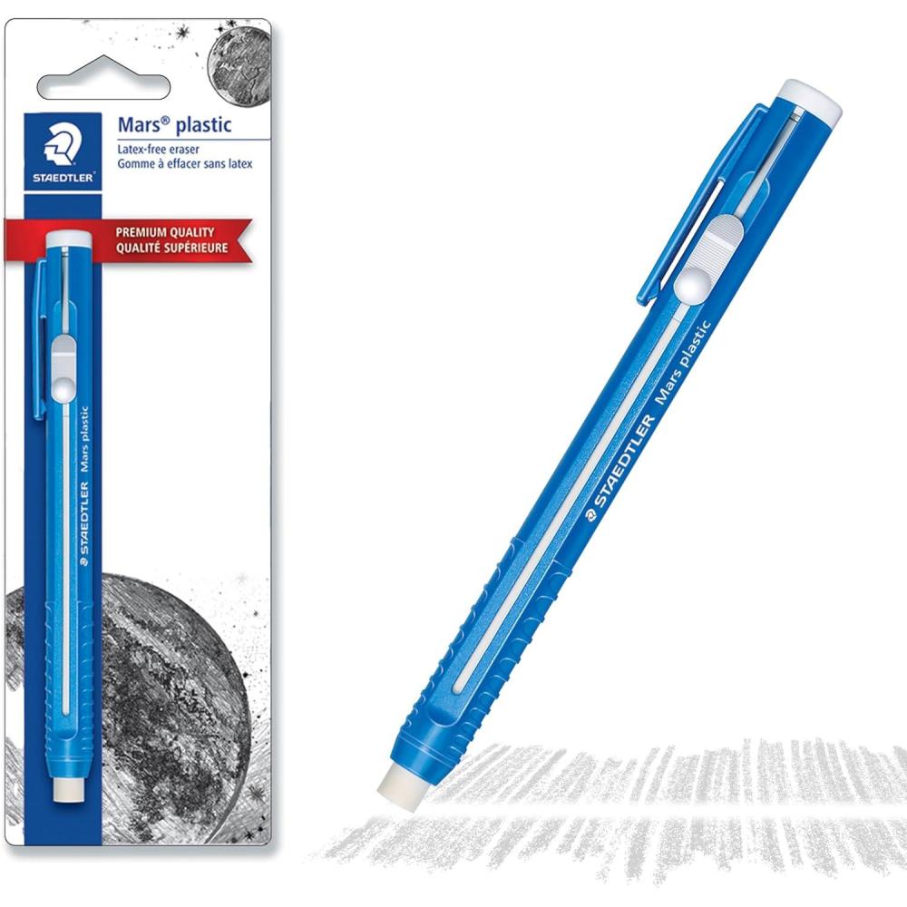 STAEDTLER Mars Plastic Eraser Pen with Refillable Holder, German-Made Eraser for Pencils, Smudge-Free & Tear-Free Precision, Retractable Design with Clip, Blue(Eraser Pen)