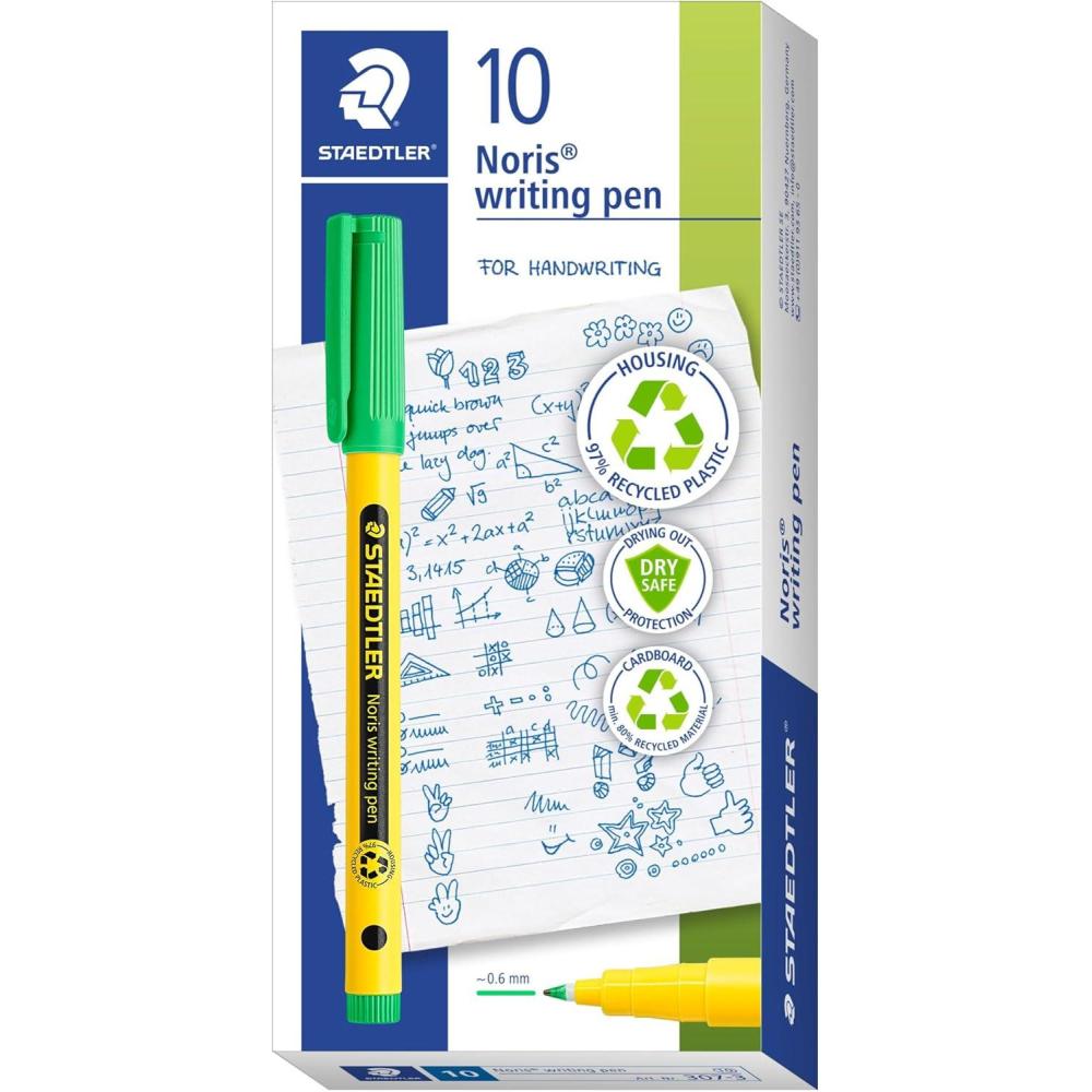 STAEDTLER Noris Writing Pen, 10ct, Fineliner 0.6mm Tip, Magenta, Water-based Ink, Dry Safe, For school or office note taking, hand writing, coloring, journaling, and scrapbooking(PALE GREEN)