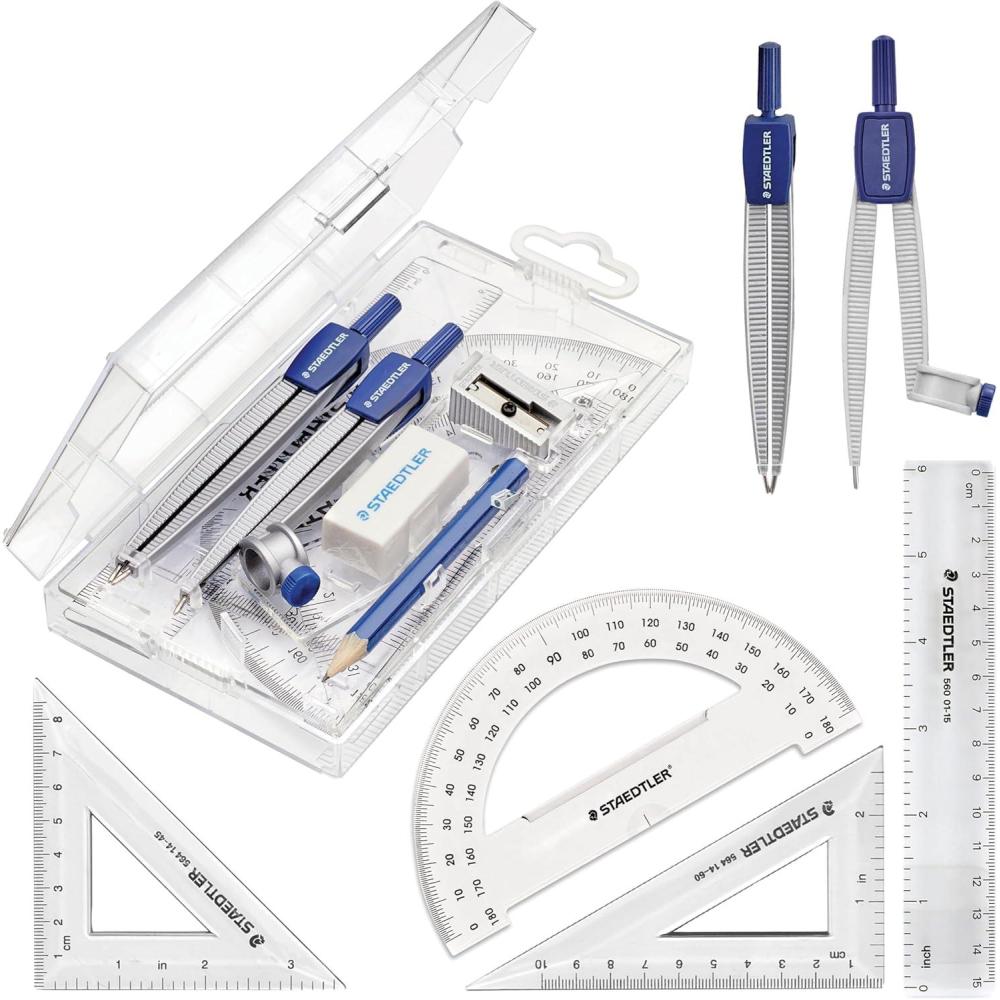 STAEDTLER School Kit Math Geometry Set – 10-Piece Compass, Protractor & Ruler Kit with Flip Open Storage Box – Clear Measuring Tools – Student Drawing Supplies(10 Piece Set (Plastic Case))
