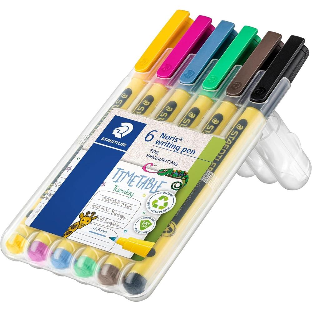 STAEDTLER Noris Writing Pen, 6ct, Fineliner 0.6mm Tip, Assorted Colors, Water-based Ink, Dry Safe, For school or office note taking, hand writing, drawing, coloring, journaling, and scrapbooking(Assorted)