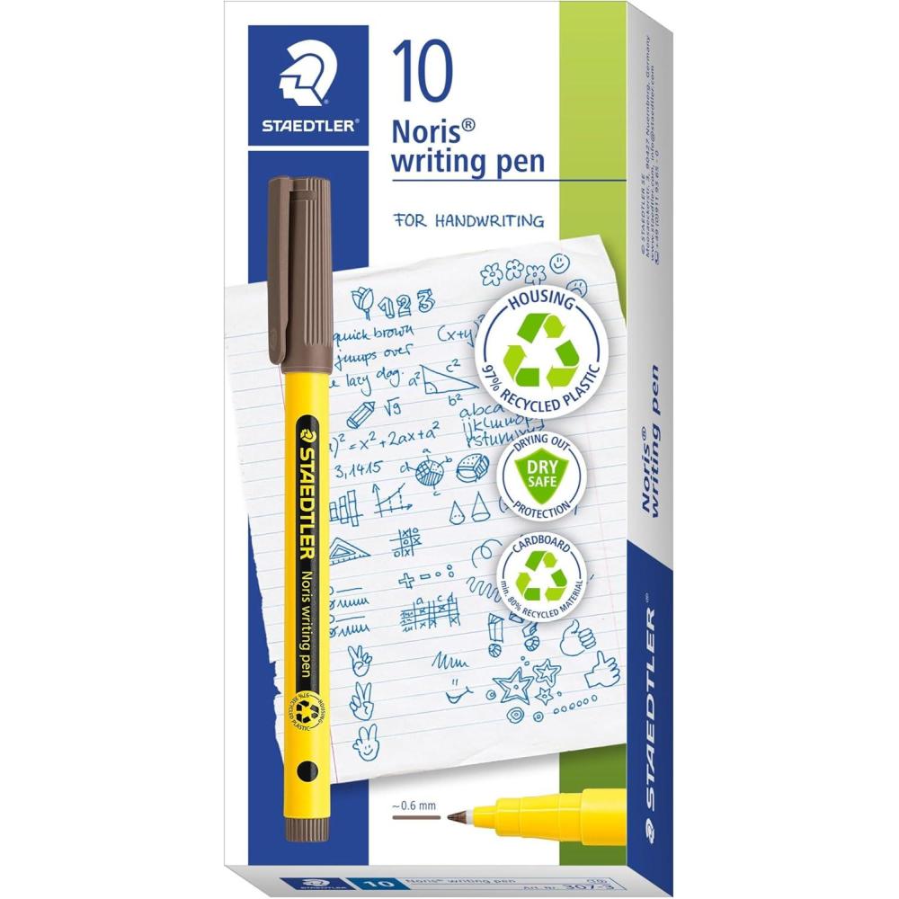 STAEDTLER Noris Writing Pen, 10ct, Fineliner 0.6mm Tip, Magenta, Water-based Ink, Dry Safe, For school or office note taking, hand writing, coloring, journaling, and scrapbooking(Warm Sepia)