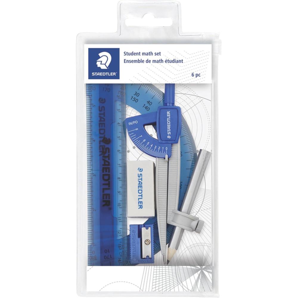 STAEDTLER School Kit Math Geometry Set – 10-Piece Compass, Protractor & Ruler Kit with Flip Open Storage Box – Clear Measuring Tools – Student Drawing Supplies(6 Piece Set (Pouch))