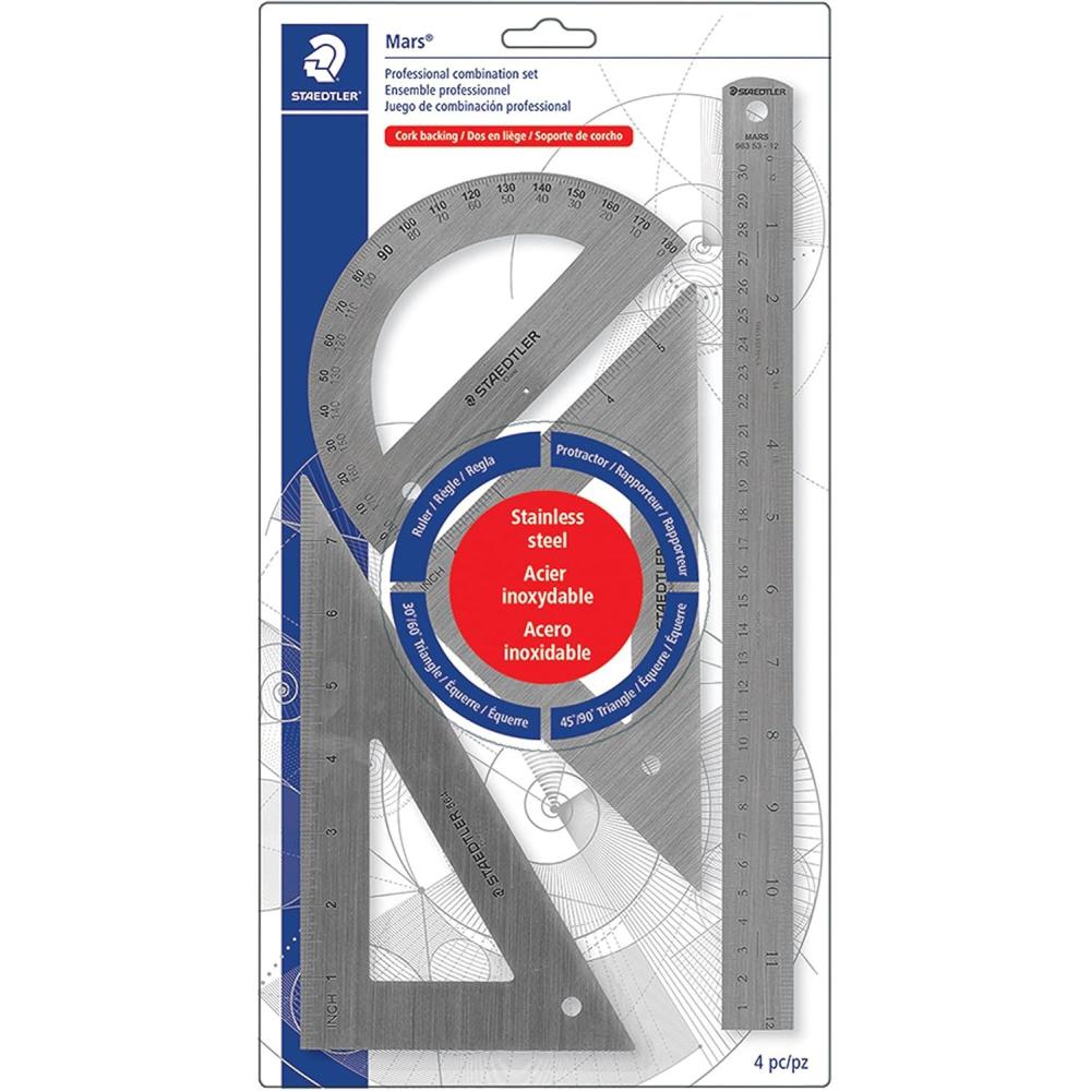 STAEDTLER Stainless Steel Math Set – With 12in Ruler, 2 Triangle Set Squares (45/90° & 30/60°), 6in Protractor – Precision Drawing & Drafting