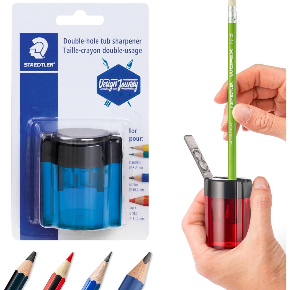 STAEDTLER Metal Double Hole Sharpener with Oval Tub – Manual Pencil Sharpener for Regular & Large Pencils, Makeup Pencils – 2 Sizes with Hinged Lid (Assorted Colors)(1 Count (Pack of 1))