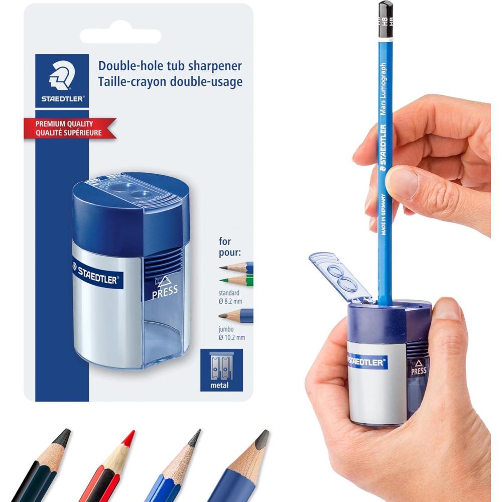 STAEDTLER Double-Hole Tub Pencil Sharpener: Dual Size Manual Sharpener for Standard Graphite & Colored Pencils – Compact Design – Ideal for Classroom, Home, Office, & Art Studio(1)