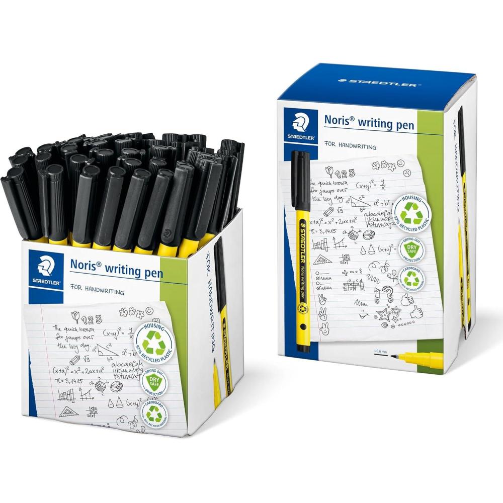 STAEDTLER Noris Writing Pen, 50ct, Fineliner 0.6mm Tip, Black, Water-based Ink, Dry Safe, For school or office note taking, hand writing, drawing, journaling, and scrapbooking(Black)