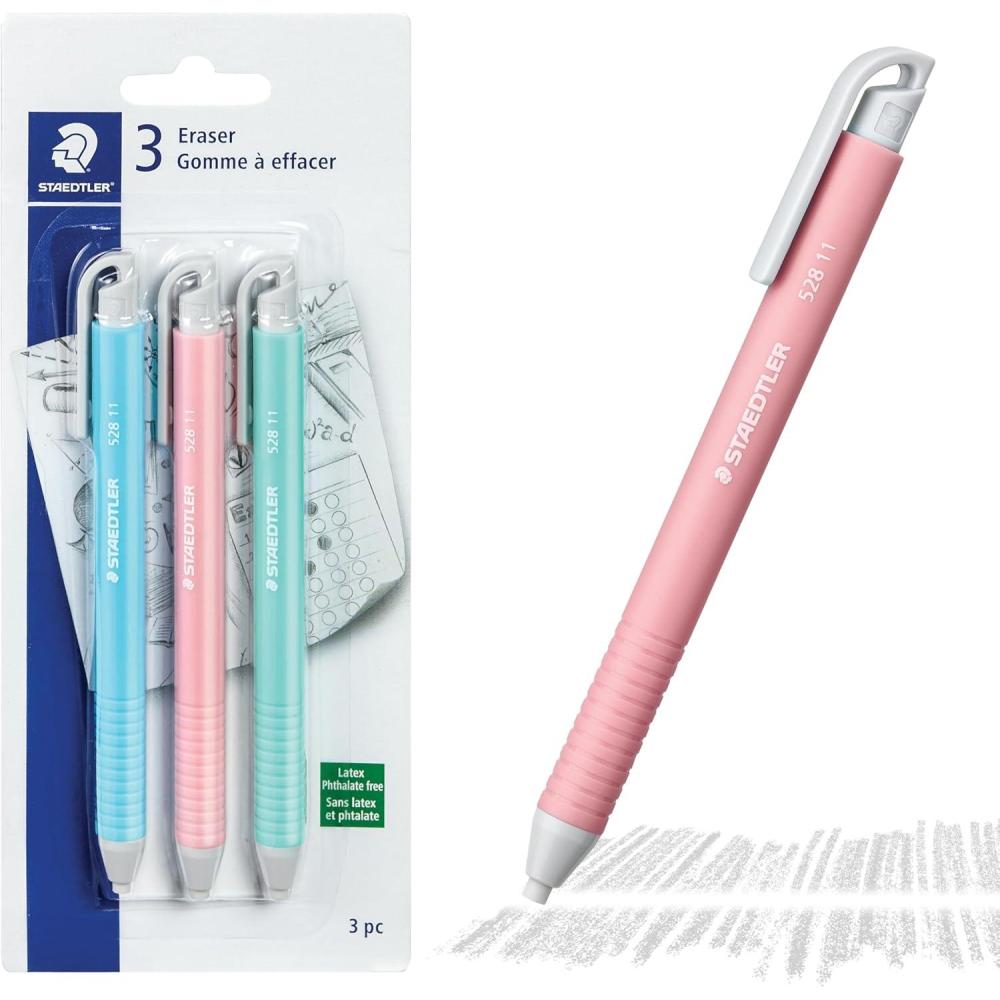 STAEDTLER Vinyl Eraser Holder (3-Pack): Retractable Erasers for Pencils, Soft Vinyl, Latex-Free, Clean Edges, No Smudges, Pastel Colors(3)