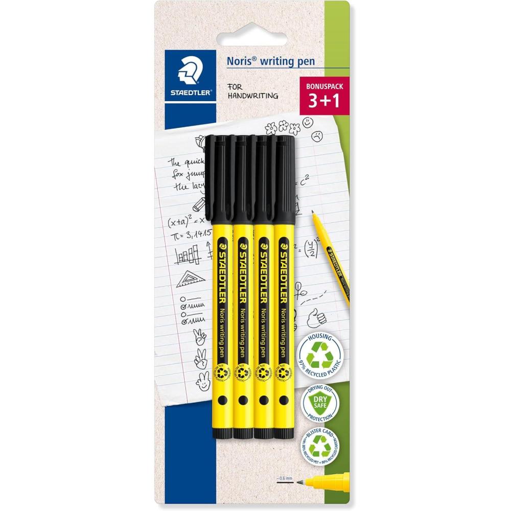 STAEDTLER Noris Writing Pen, 6ct, Fineliner 0.6mm Tip, Assorted Colors, Water-based Ink, Dry Safe, For school or office note taking, hand writing, drawing, coloring, journaling, and scrapbooking(Blue)