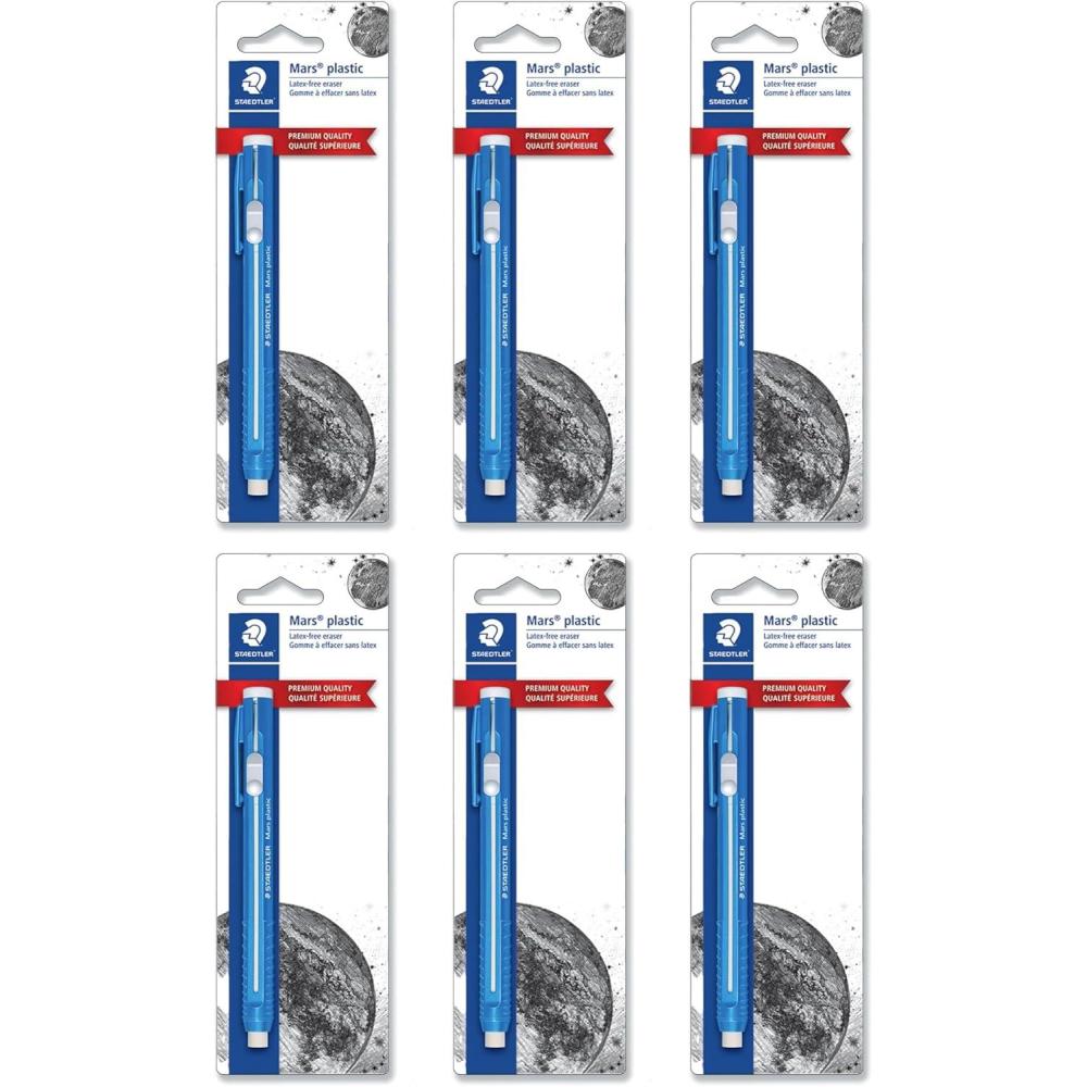 STAEDTLER Mars Plastic Eraser Pen with Refillable Holder, German-Made Eraser for Pencils, Smudge-Free & Tear-Free Precision, Retractable Design with Clip, Blue(6 Pack – Eraser Pens)