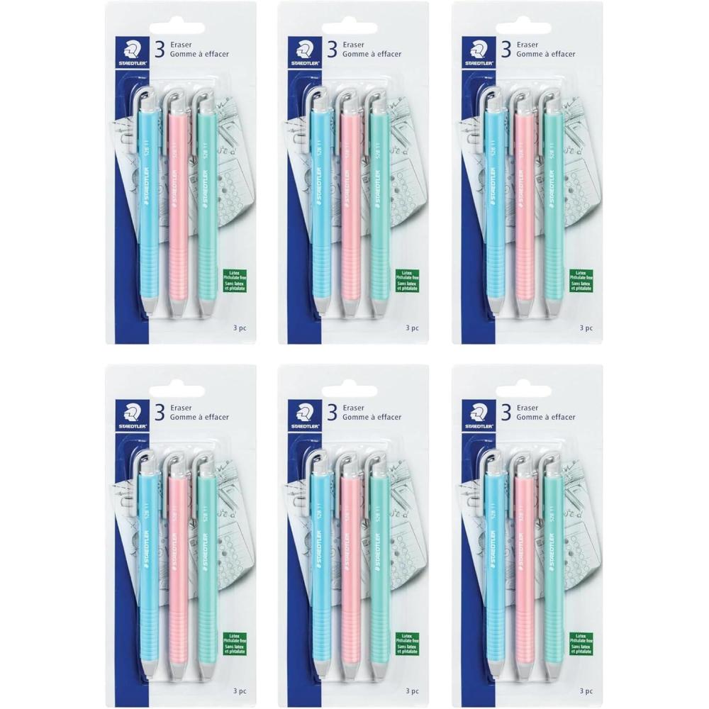 STAEDTLER Vinyl Eraser Holder (3-Pack): Retractable Erasers for Pencils, Soft Vinyl, Latex-Free, Clean Edges, No Smudges, Pastel Colors(18)