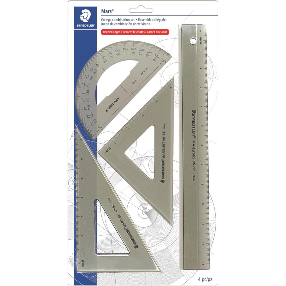STAEDTLER College Combination Set – Triangle, Protractor & Ruler Set, Transparent Smoke Plastic with Beveled Edges, 4-Piece Set