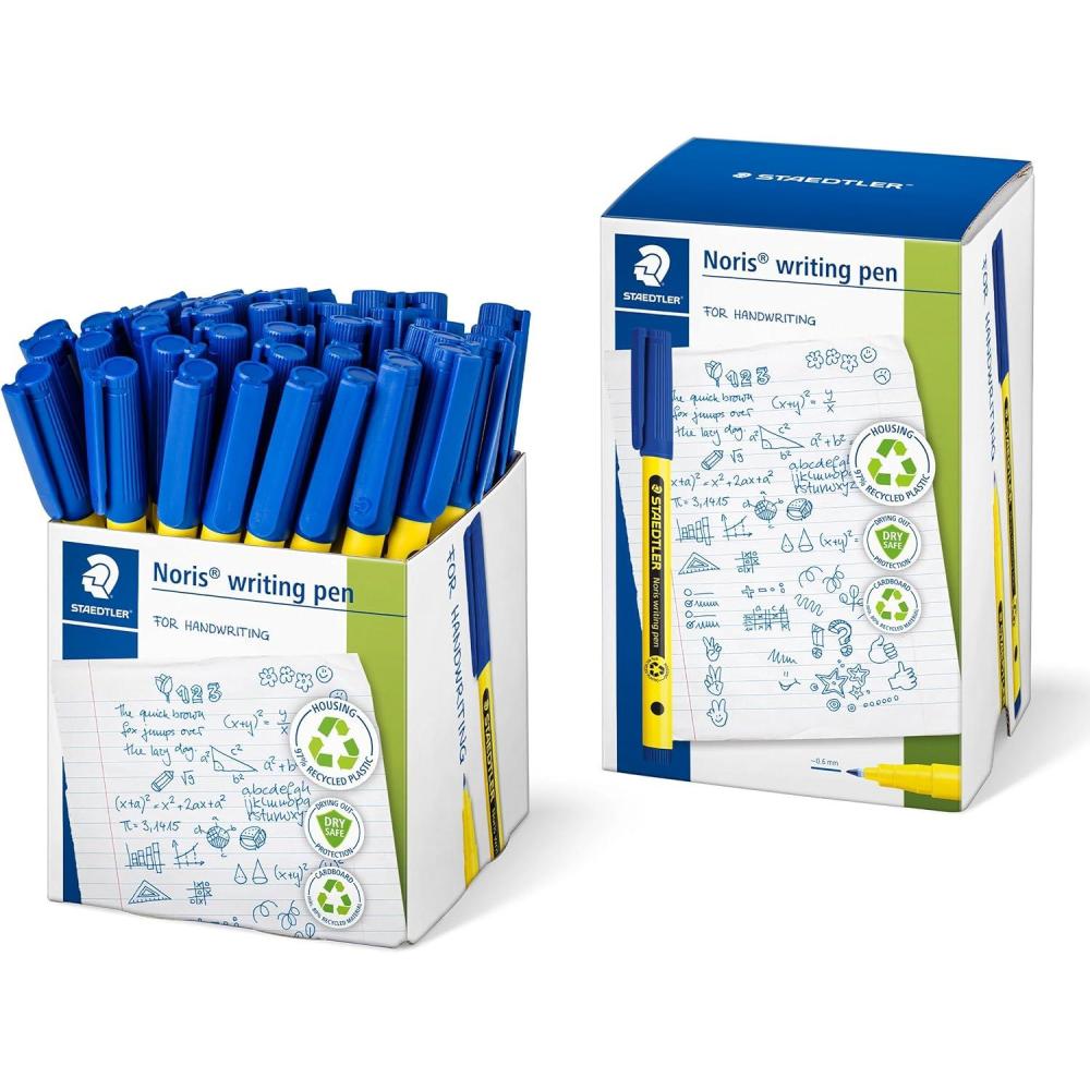 STAEDTLER Noris Writing Pen, 50ct, Fineliner 0.6mm Tip, Blue, Water-based Ink, Dry Safe, For school or office note taking, hand writing, coloring, journaling, and scrapbooking