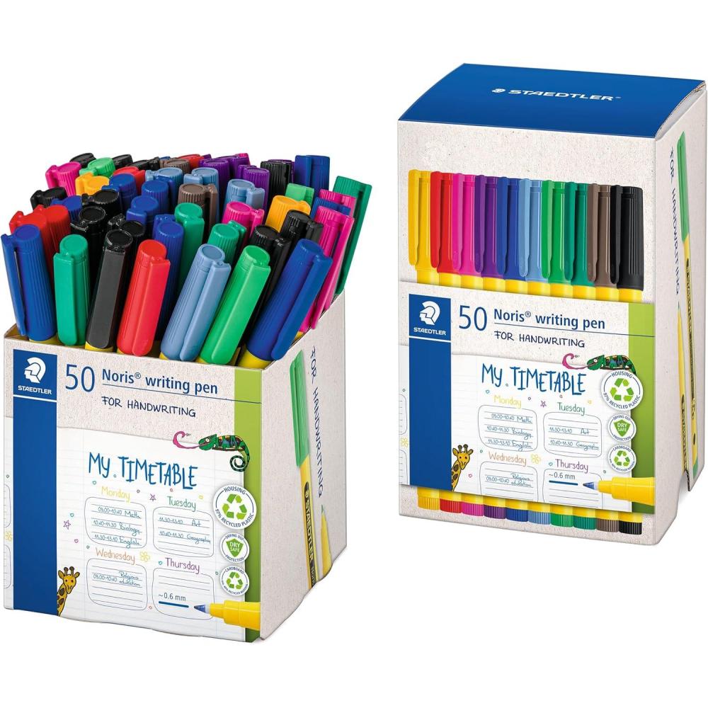 STAEDTLER Noris Writing Pen, 50ct, Fineliner 0.6mm Tip, Black, Water-based Ink, Dry Safe, For school or office note taking, hand writing, drawing, journaling, and scrapbooking(Multi-Color)