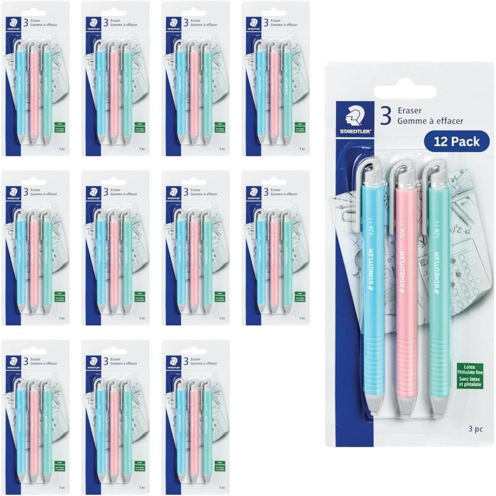 STAEDTLER Vinyl Eraser Holder (3-Pack): Retractable Erasers for Pencils, Soft Vinyl, Latex-Free, Clean Edges, No Smudges, Pastel Colors(36)