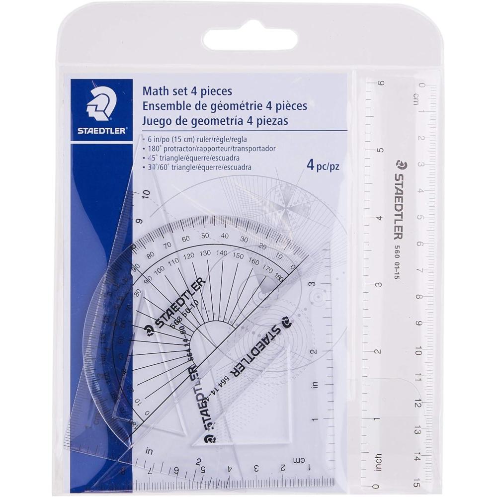 STAEDTLER Math Set – 4 pc Geometry Kit for Students – School Supplies with Clear Protractor, 6in Ruler & 2 Triangles – Metric & Imperial Scales