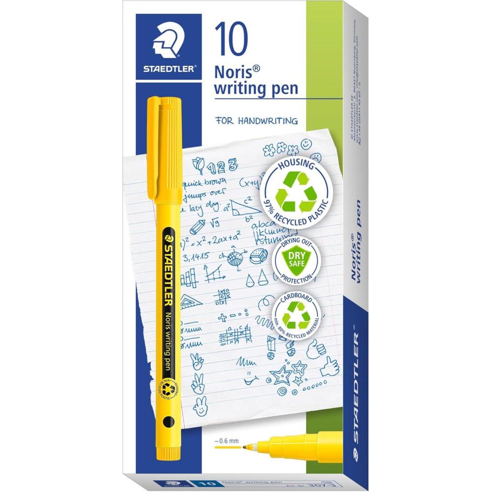 STAEDTLER Noris Writing Pen, 10ct, Fineliner 0.6mm Tip, Magenta, Water-based Ink, Dry Safe, For school or office note taking, hand writing, coloring, journaling, and scrapbooking(BRIGHT YELLOW)