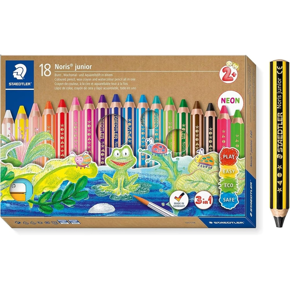 STAEDTLER 3in1 Buntstifte und Kinder Bleistift Noris junior, Bunt-, Wachsmal- und Aquarellstift, sehr dicke Mine, extra bruchsicher, ideal für Kinder, 18 Farben, Spitzer und Bleistift, 140 C18P1X