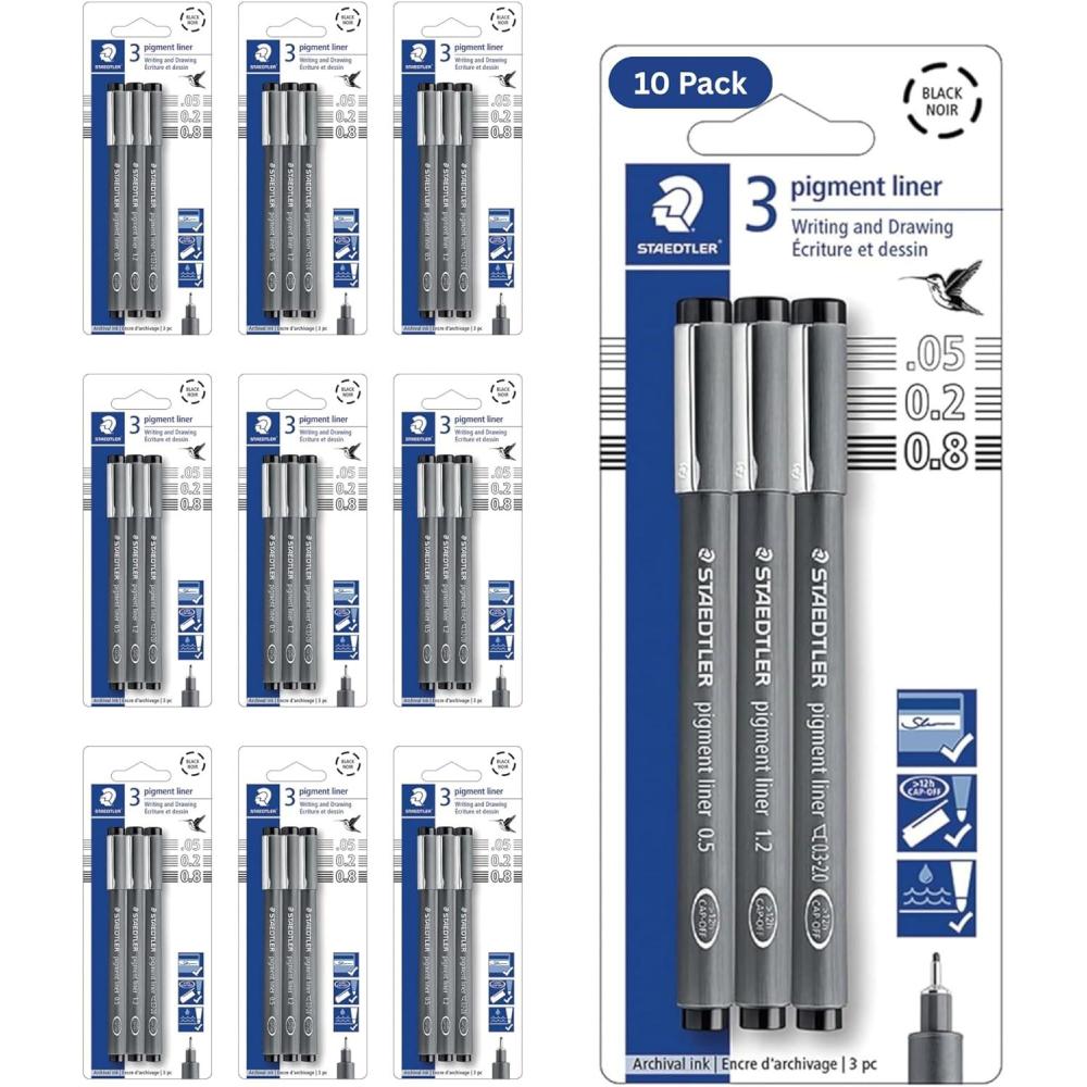 Staedtler Pigment Liner Pack, Black, 8 Pens, Assorted Line Widths, 0.05mm, 0.1mm, 0.2mm, 0.3mm, 0.5mm, 0.8mm, 1.0mm, 1.2mm(10 Pack (3 pcs per set))