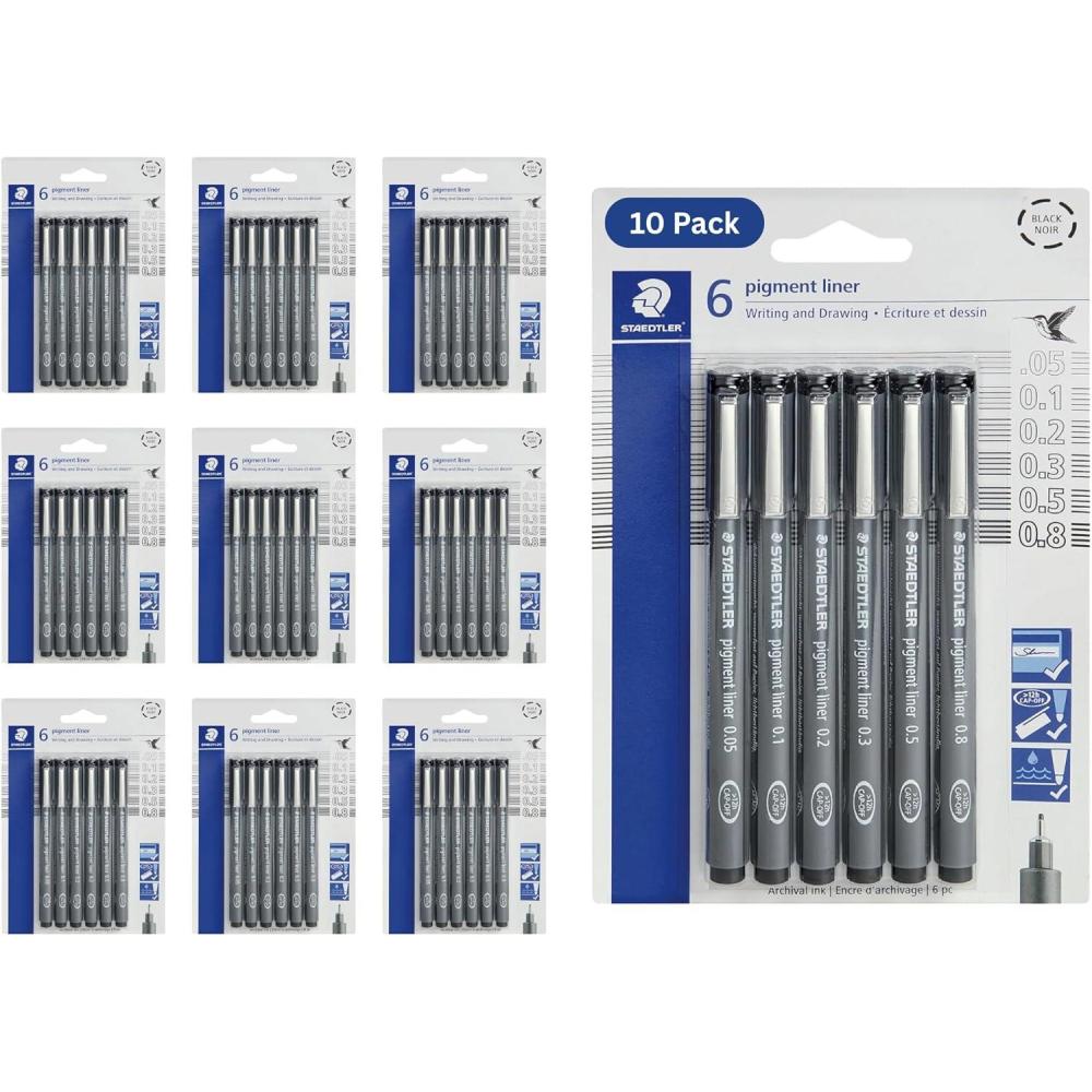 Staedtler Pigment Liner Pack, Black, 8 Pens, Assorted Line Widths, 0.05mm, 0.1mm, 0.2mm, 0.3mm, 0.5mm, 0.8mm, 1.0mm, 1.2mm(10 Pack (6 pcs per set))