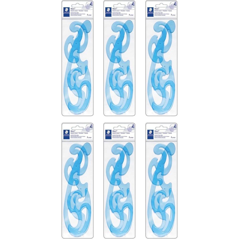 STAEDTLER Mars Professional French Curve Design Ruler Set for Pattern Making, 3 Essential A B C Shapes, Blue Transparent Plastic with Inking Edge(18)