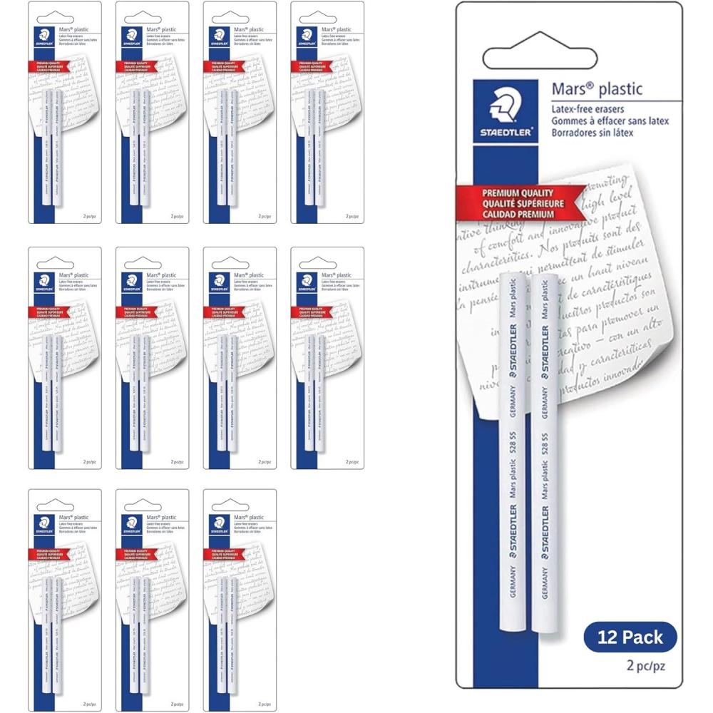 STAEDTLER Mars Plastic Eraser Pen with Refillable Holder, German-Made Eraser for Pencils, Smudge-Free & Tear-Free Precision, Retractable Design with Clip, Blue(12 Pack – 2 Eraser Refills / Pack)