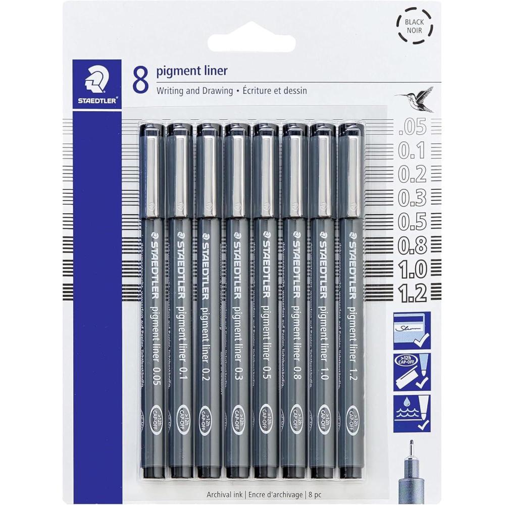 Staedtler Pigment Liner Pack, Black, 8 Pens, Assorted Line Widths, 0.05mm, 0.1mm, 0.2mm, 0.3mm, 0.5mm, 0.8mm, 1.0mm, 1.2mm(8 Pack – Assorted)