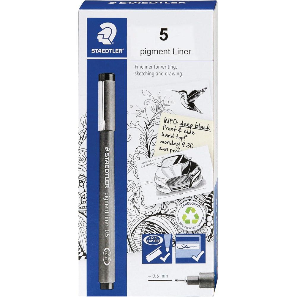 Staedtler Pigment Liner Pack, Black, 8 Pens, Assorted Line Widths, 0.05mm, 0.1mm, 0.2mm, 0.3mm, 0.5mm, 0.8mm, 1.0mm, 1.2mm(0.5mm)