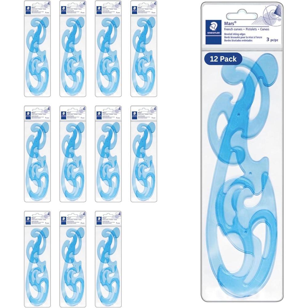 STAEDTLER Mars Professional French Curve Design Ruler Set for Pattern Making, 3 Essential A B C Shapes, Blue Transparent Plastic with Inking Edge(36)