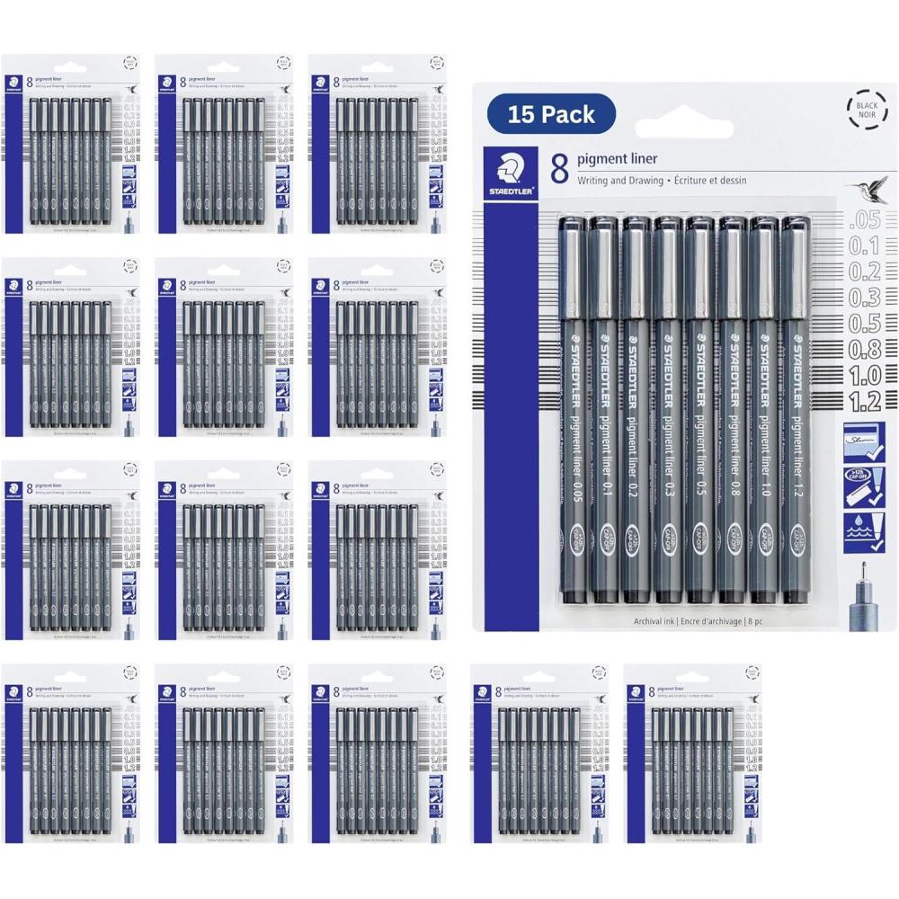 Staedtler Pigment Liner Pack, Black, 8 Pens, Assorted Line Widths, 0.05mm, 0.1mm, 0.2mm, 0.3mm, 0.5mm, 0.8mm, 1.0mm, 1.2mm(15 Pack (8 pcs per set))